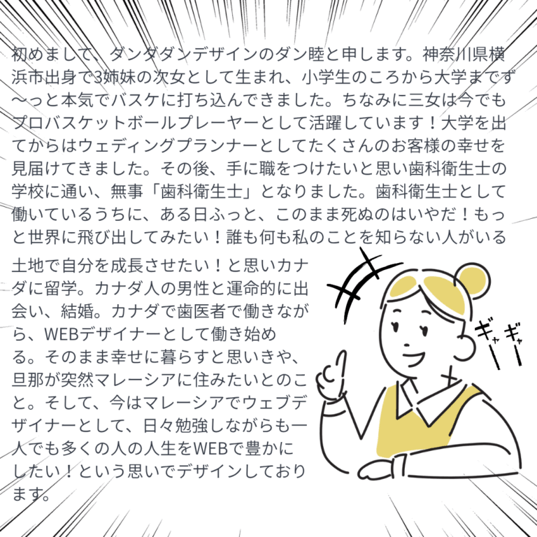話したいことを全部詰め込んだ自己紹介バナー。 たとえるなら、間を取らずにずっと話し続けているようなイメージ。 読んでいるうちに、どこが大事なのかが分かりにくくなっています。